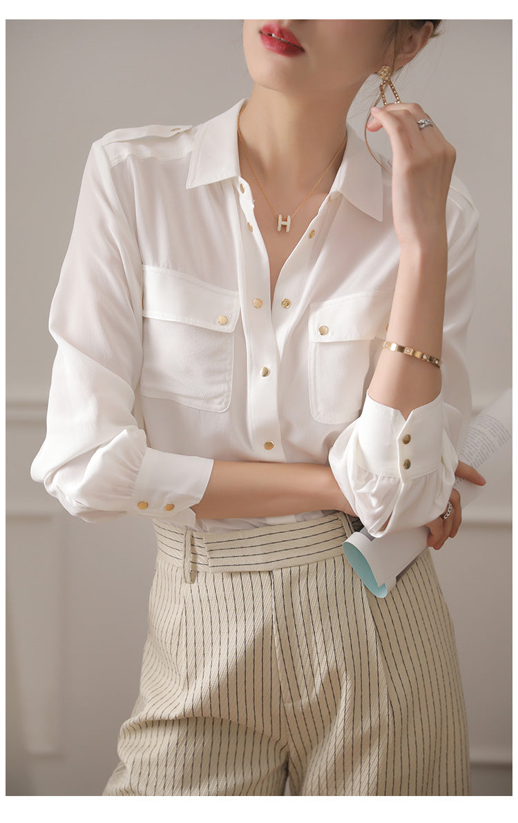 Women's Long-sleeved Solid Color  Silk Shirt