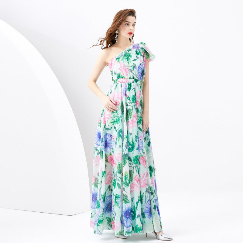 Vacation Style One-shoulder Sleeveless Ribbon Long Wide Swing Printed Dress