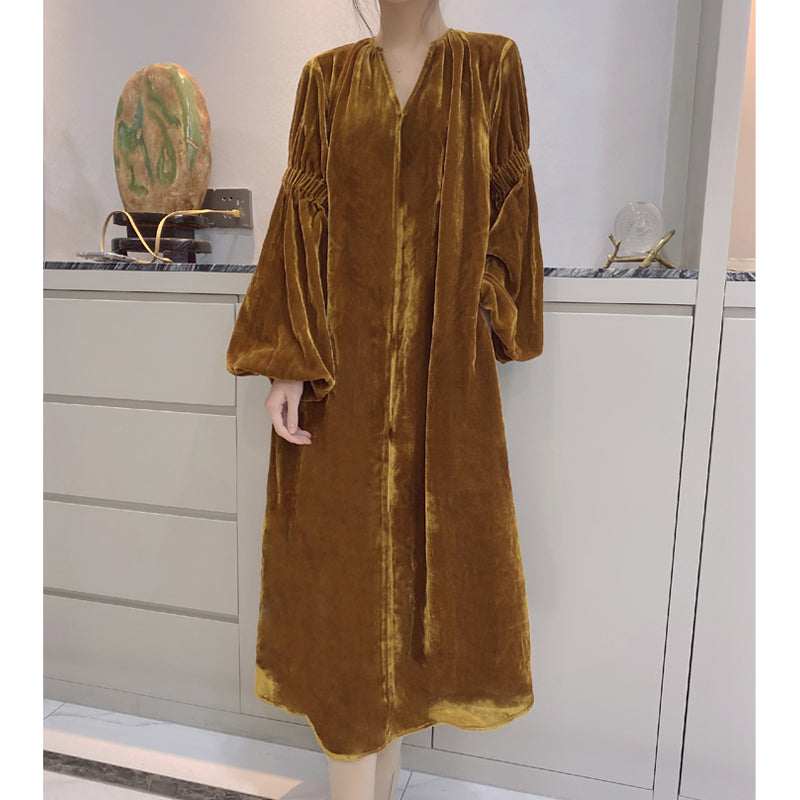 French Retro Puff Sleeve Silk Velvet Dress