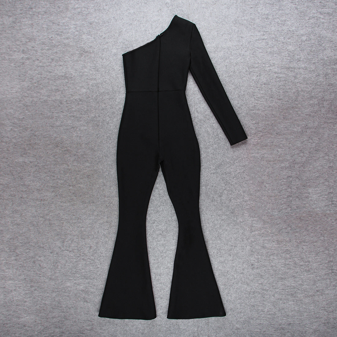 Einschultriger Jumpsuit mit hoher Taille, Schlaghose aus Netzstoff mit Rautenmuster an der Hüfte