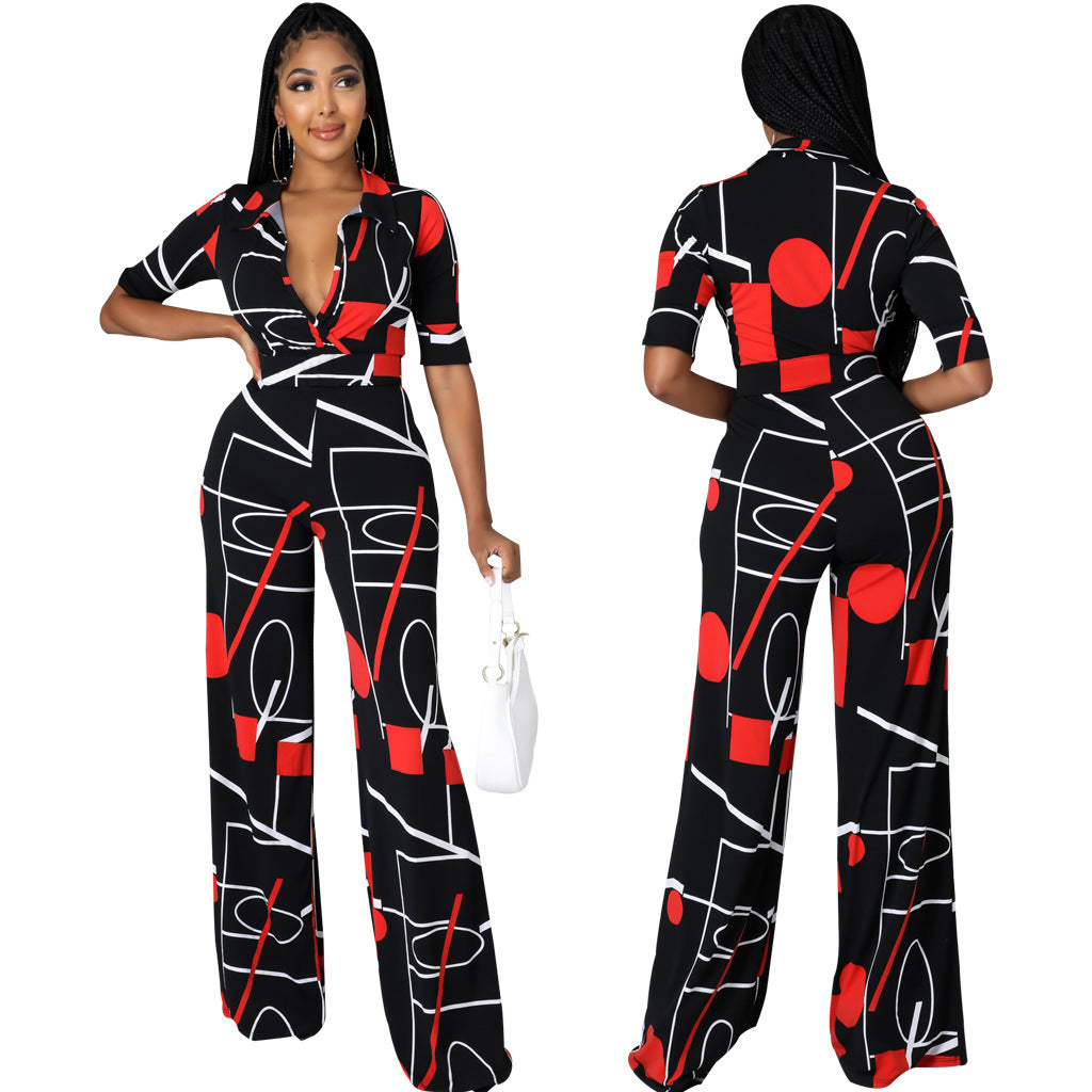 Mode Digitaldruck V-Ausschnitt Damen Jumpsuit lang