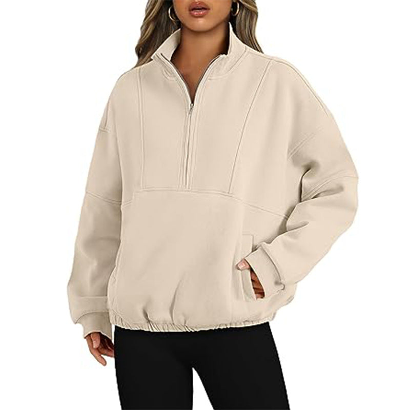 Pullover Sport Casual Damen Reißverschlusstasche Pullover Stehkragen Langarmshirt