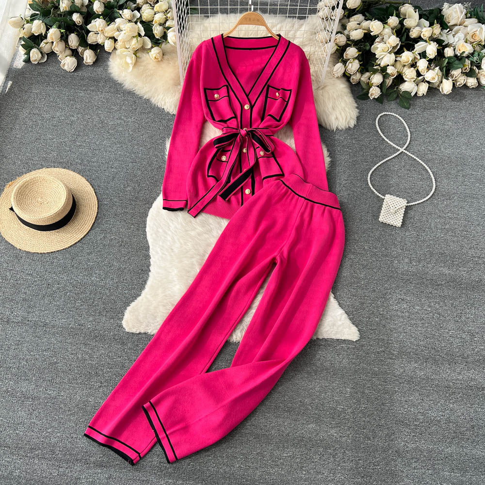 Contrast Color Suit Women's Long Sleeve V-neck Lace-up Knitwear Draping Wide Leg Trousers Two-piece Set