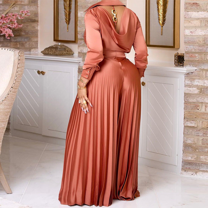 Temperament Slim Fit Backless Shirt Pleated Wide Leg Trousers Casual Suit