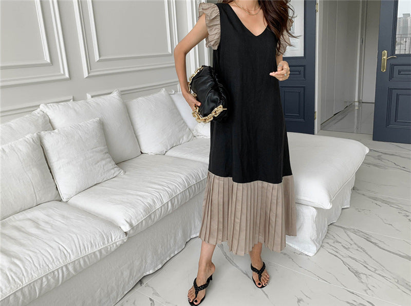 Color Contrast Patchwork Pleated Female Dress