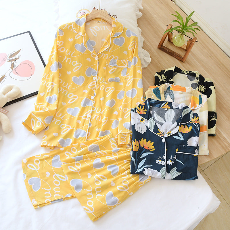 Pijama fino de seda de algodón de manga larga de dos piezas para mujer