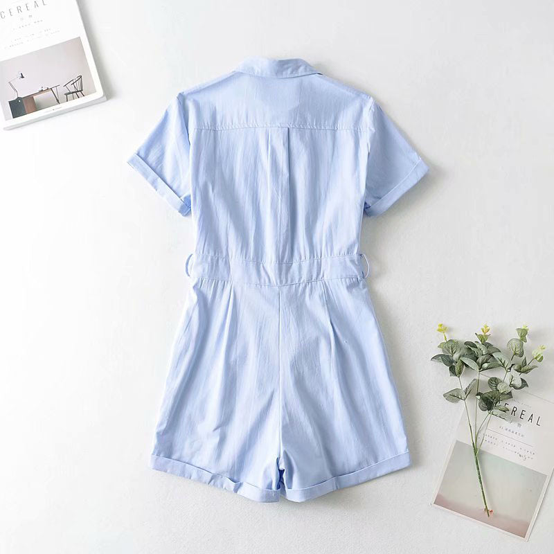 European And American Style Retro Lapel Short-sleeved Loose Overalls