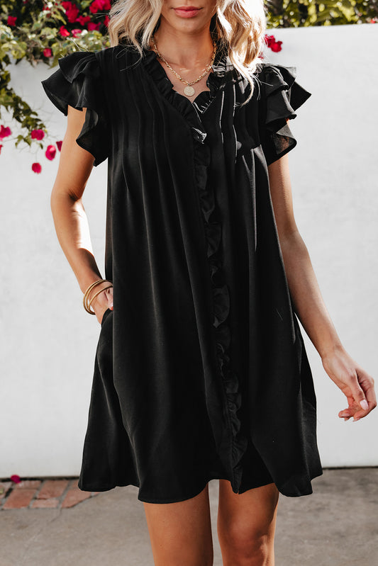 Black Ruffle Sleeve V Neck Frilled Shift Dress