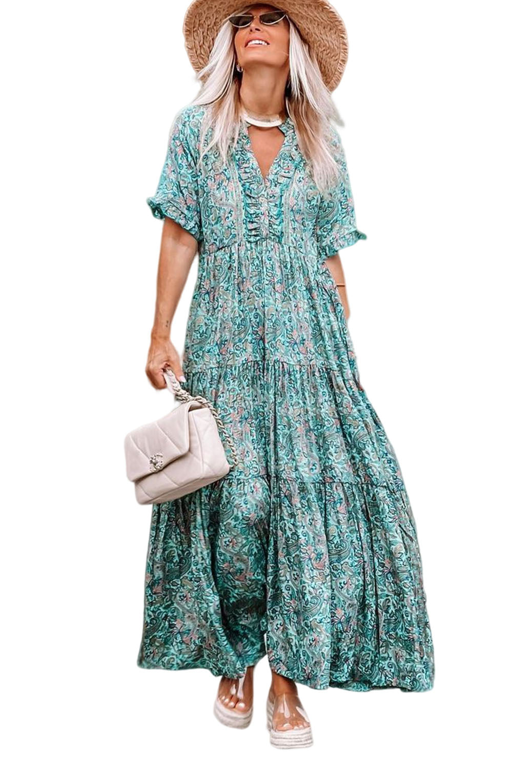 Vestido largo estampado de cachemira boho vacaciones volantes con gradas azul cielo