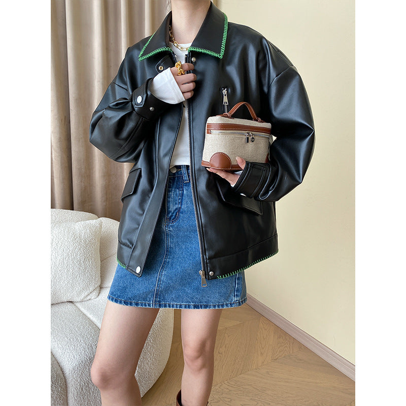 Contrast Color Outer Stitching Polo Collar Loose Jacket