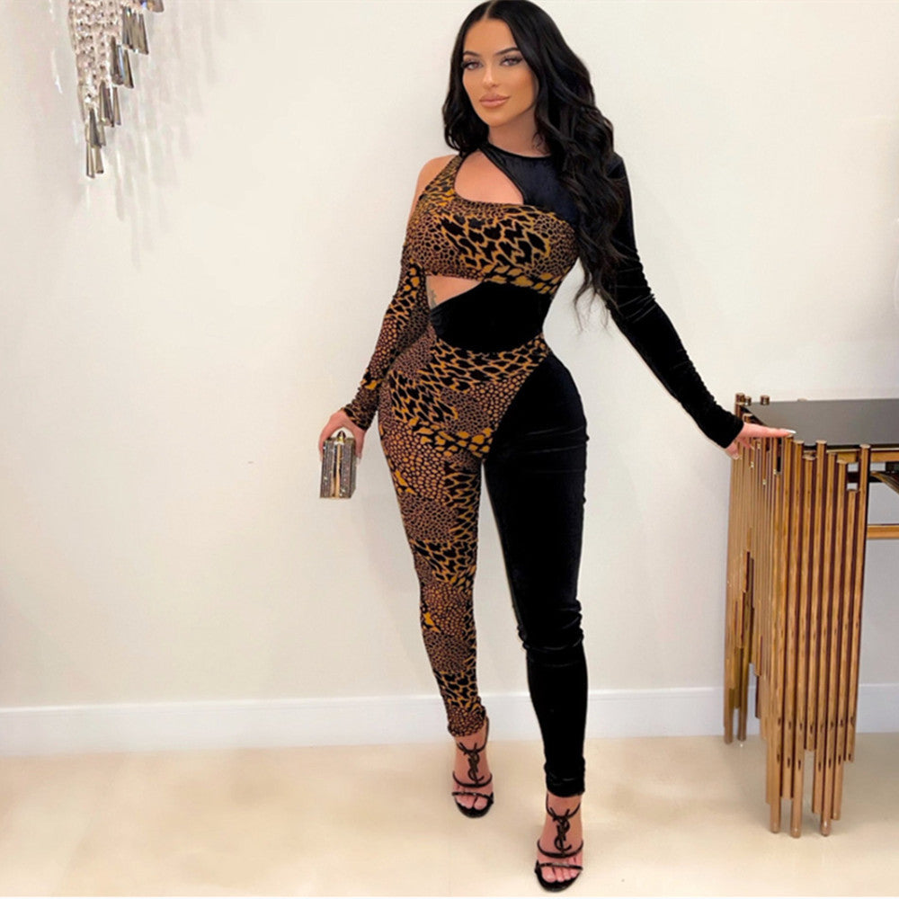 Women's Leopard Print Cutout Panel Long Sleeve Jumpsuit