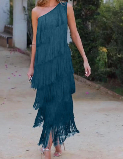 Women's Solid Color Diagonal Collar Multi-layer Tassel Stitching Design Dress