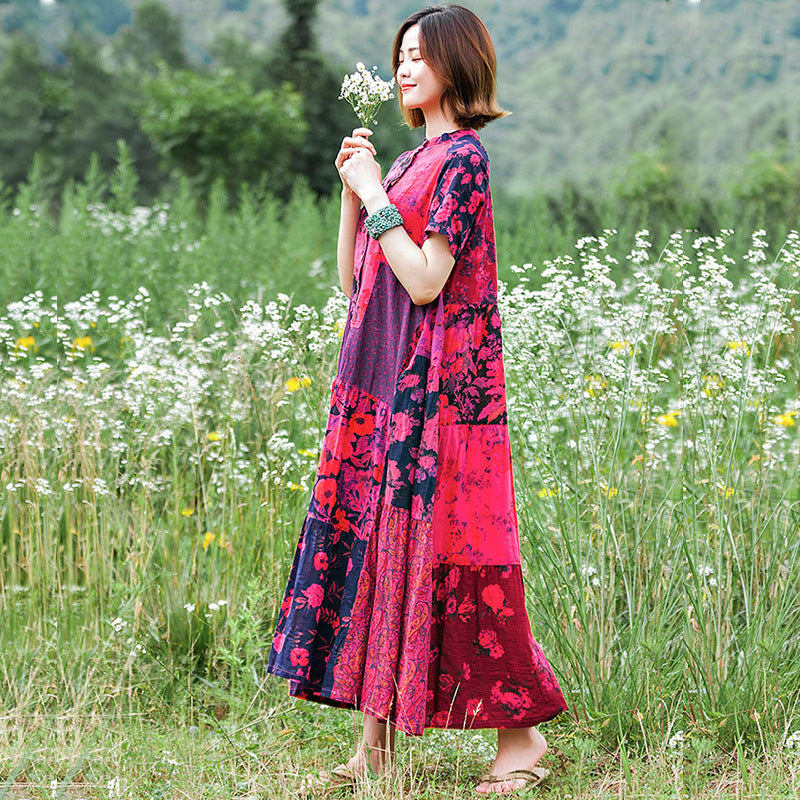 Sommerkleid aus Baumwolle mit Print im ethnischen Stil, Farbkontrast, Patchwork, pastorales Kurzarmkleid