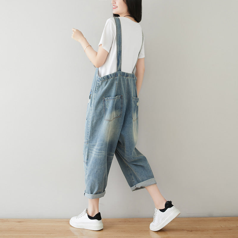 Retro-Harems-Jumpsuit aus Denim für Damen in Übergröße