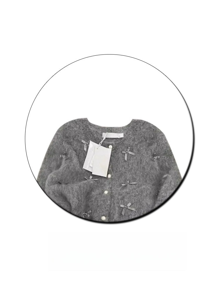 Gray Bow Sweater Women's Autumn And Winter Elegant Soft Glutinous Mohair Knitted Cardigan Chanel Coat