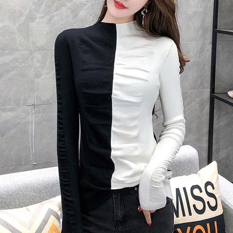 Color Block Pleated Top Slim-fit Half High Neck Bottoming Shirt