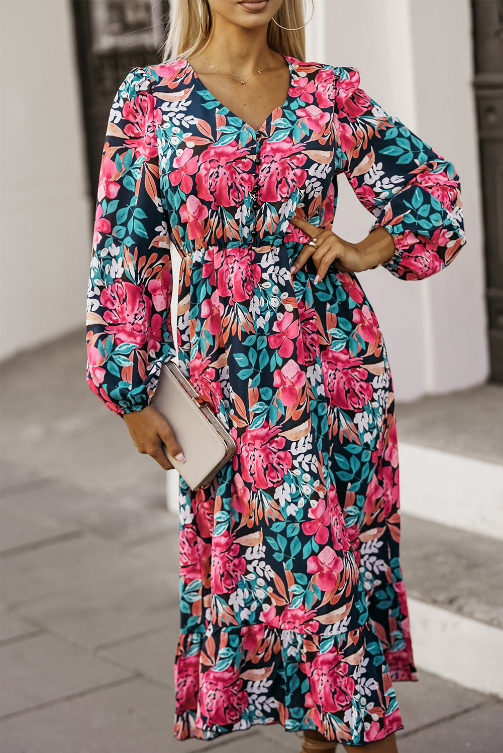 Vestido floral dividido de cintura alta elástico con cuello en V rojo ardiente