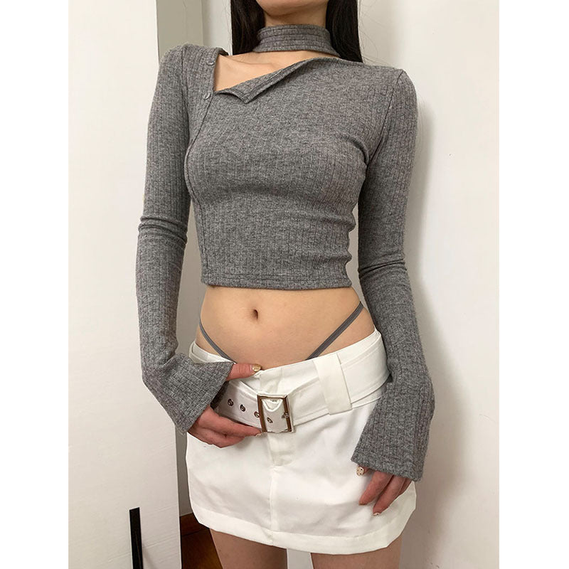 Fashionable Sunken Stripe Diagonal Buckle Design Korean Style Irregular With Personality Top Sweater