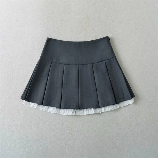 Falda plisada de cintura alta con costuras de encaje para chica dulce, fresca y caliente