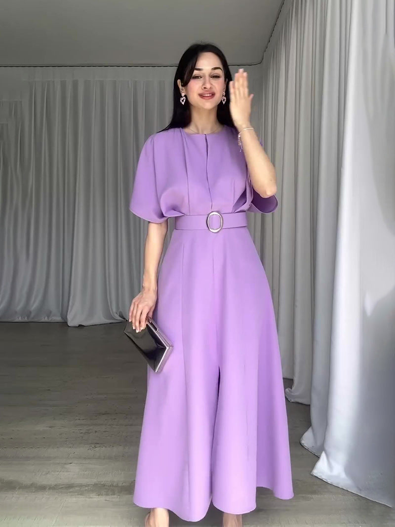 Fashion Round Neck Short Sleeves Dress Belt Slim Fit