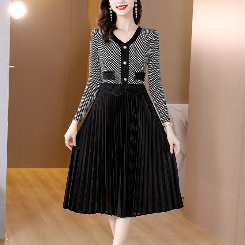 Fold Elegance Retro Color Contrast Patchwork Dress