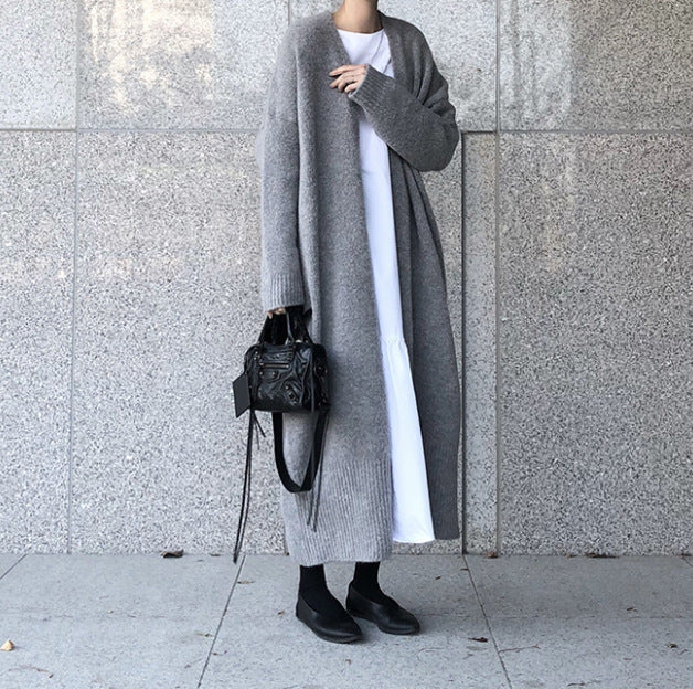 Südkorea Chic Einfacher Pullover ohne Schnalle Lazy Wind Lange Strickjacke unterhalb des Knies