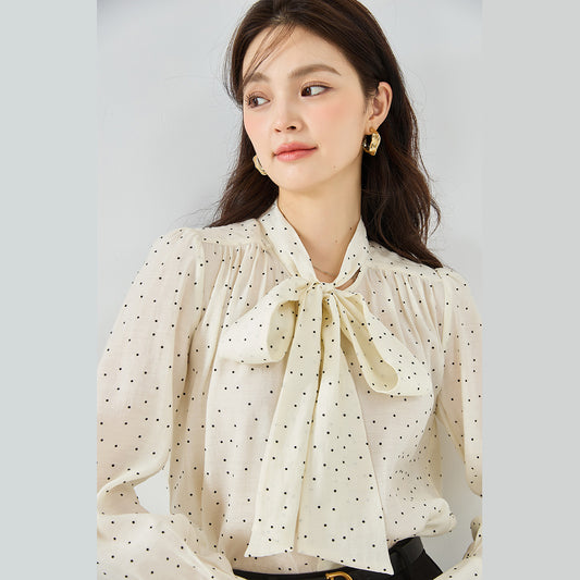 All-match Polka Dot Shirt Bow Streamer Long Sleeve