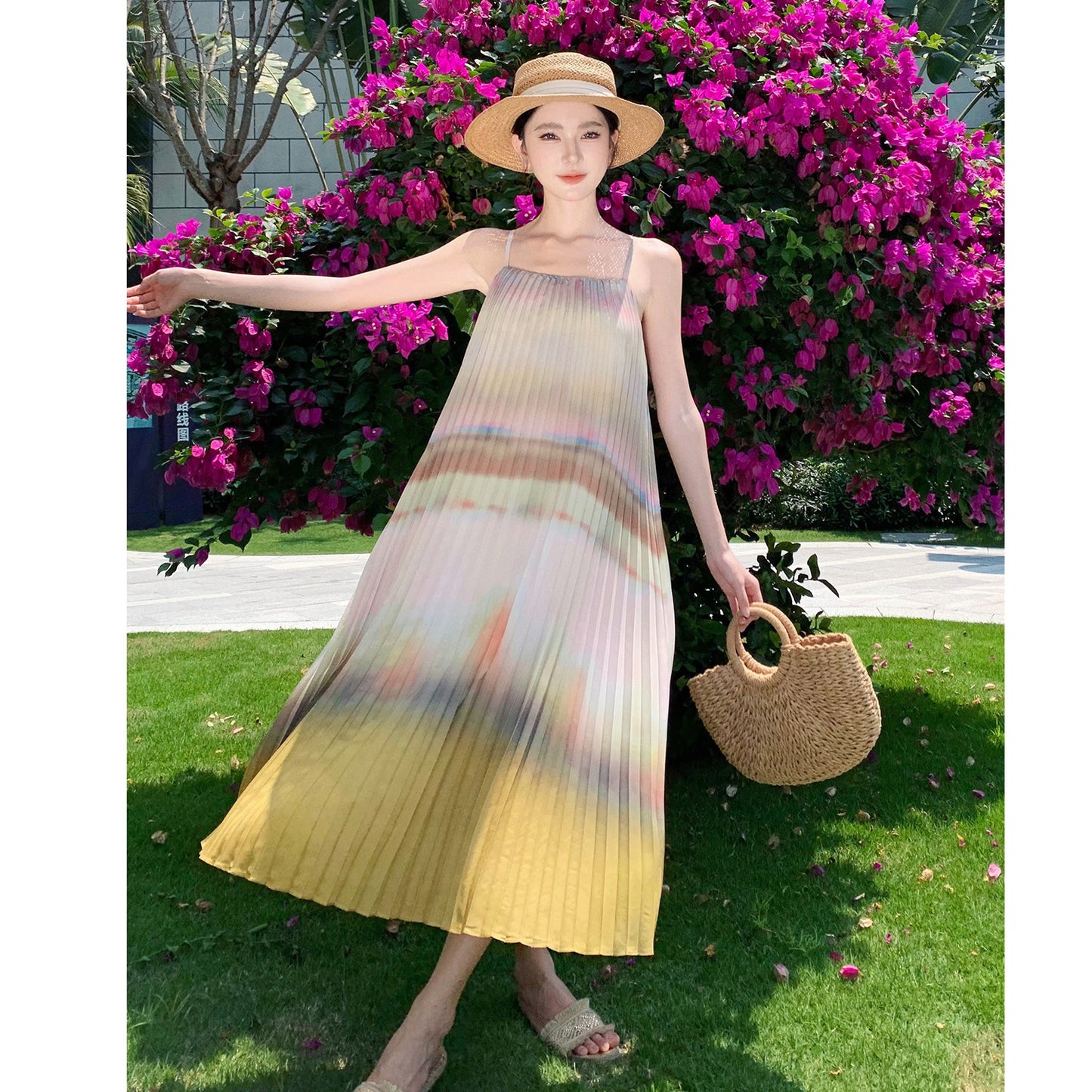 Tea Break – Französisches Sling-Kleid mit Retro-Farbverlauf und Plissierung