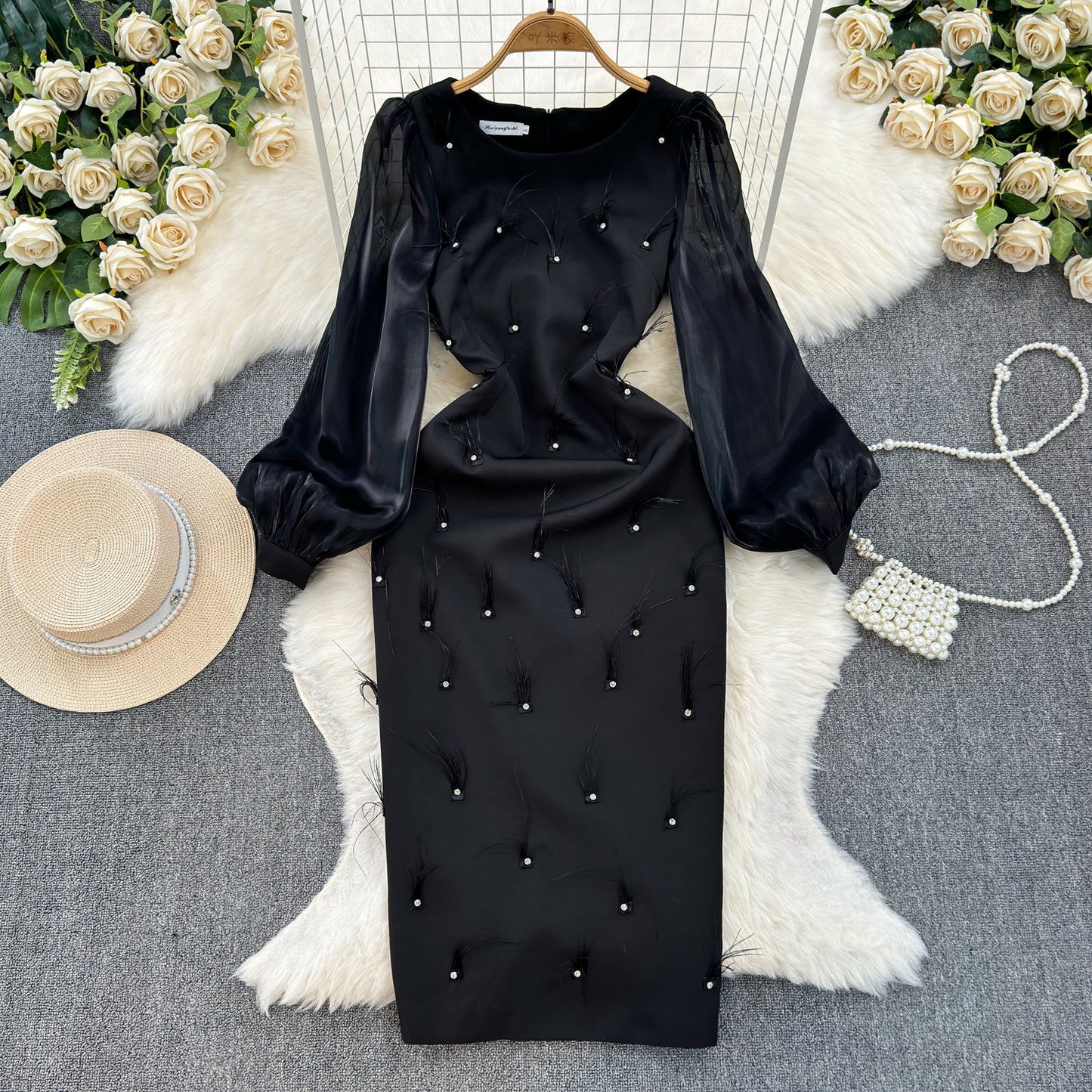 French-style Heavy Industry Rhinestone Feather Tassel Round Neck Dress