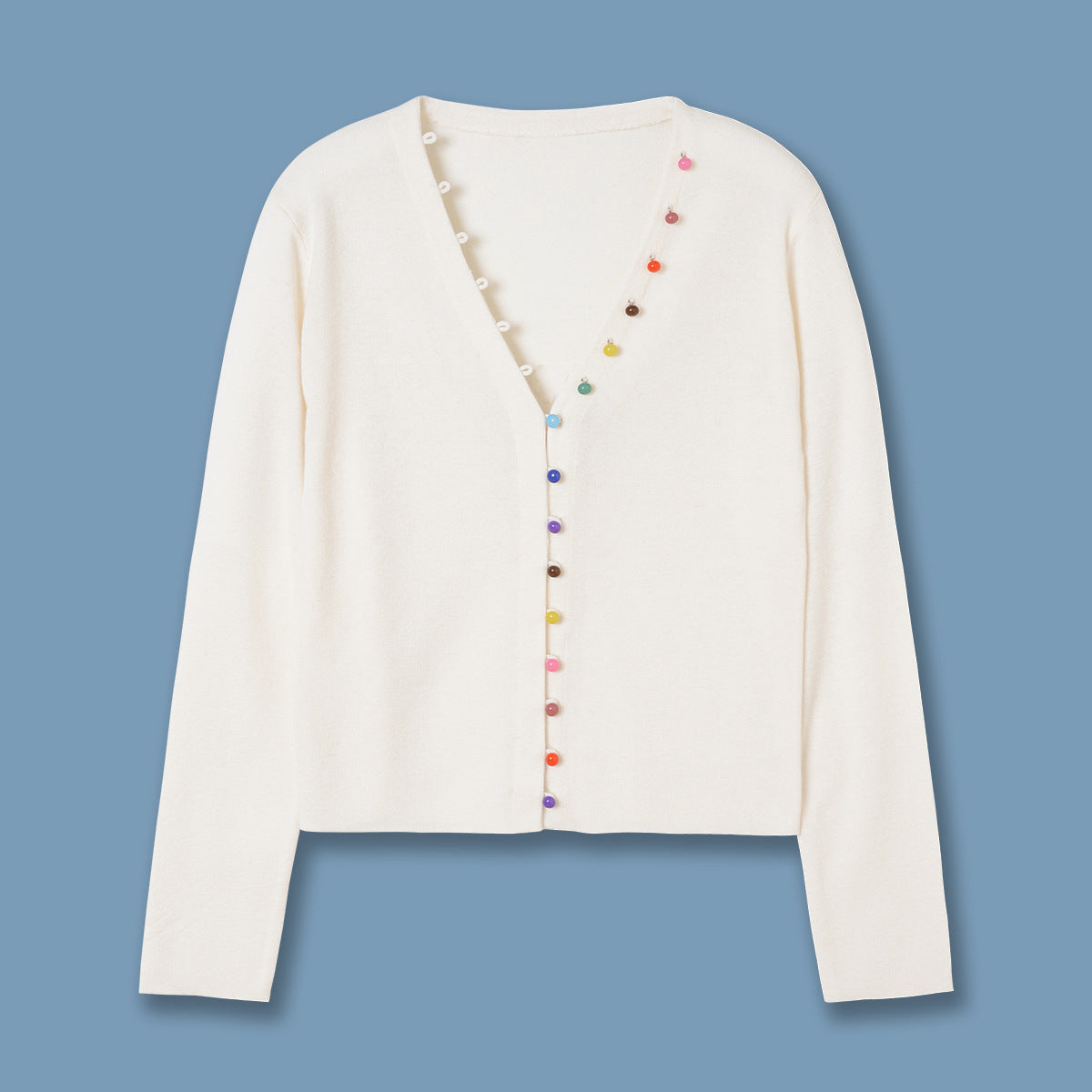 Strickjacke aus weißer Wolle mit V-Ausschnitt, 24 Jahre Frühling, neuer Strickmantel mit Regenbogenschnalle, eleganter Pullover