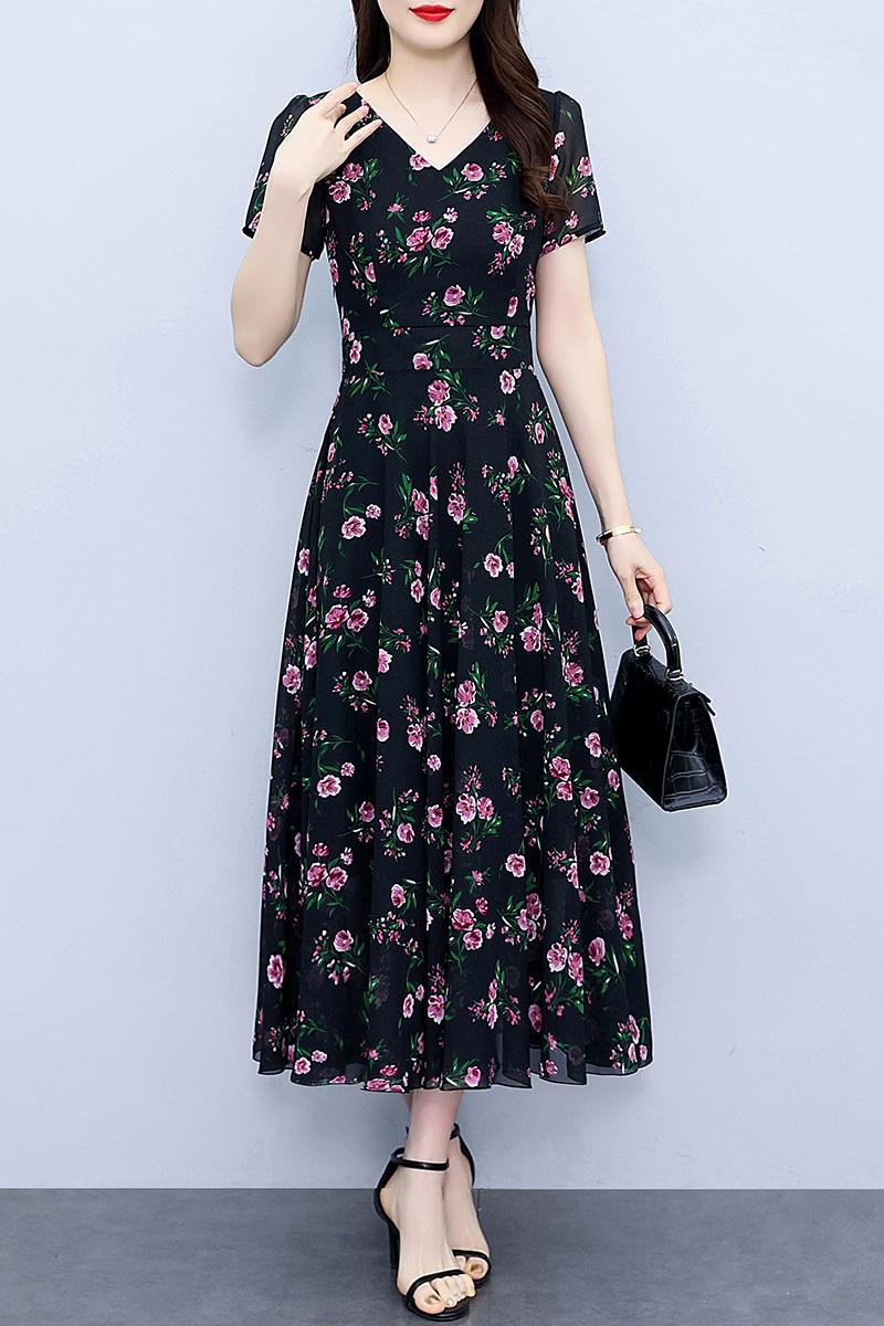 Chiffon Floral Dress Plus Size Plump Girls Waist-tight