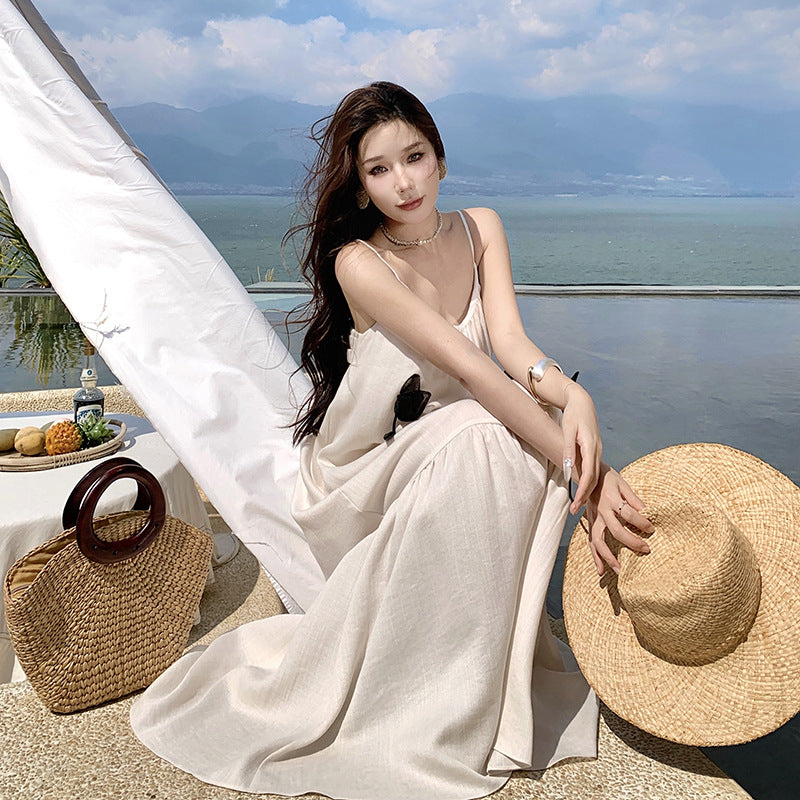Three-dimensional Tulip Tencel Linen Vacation Style Sling Dress