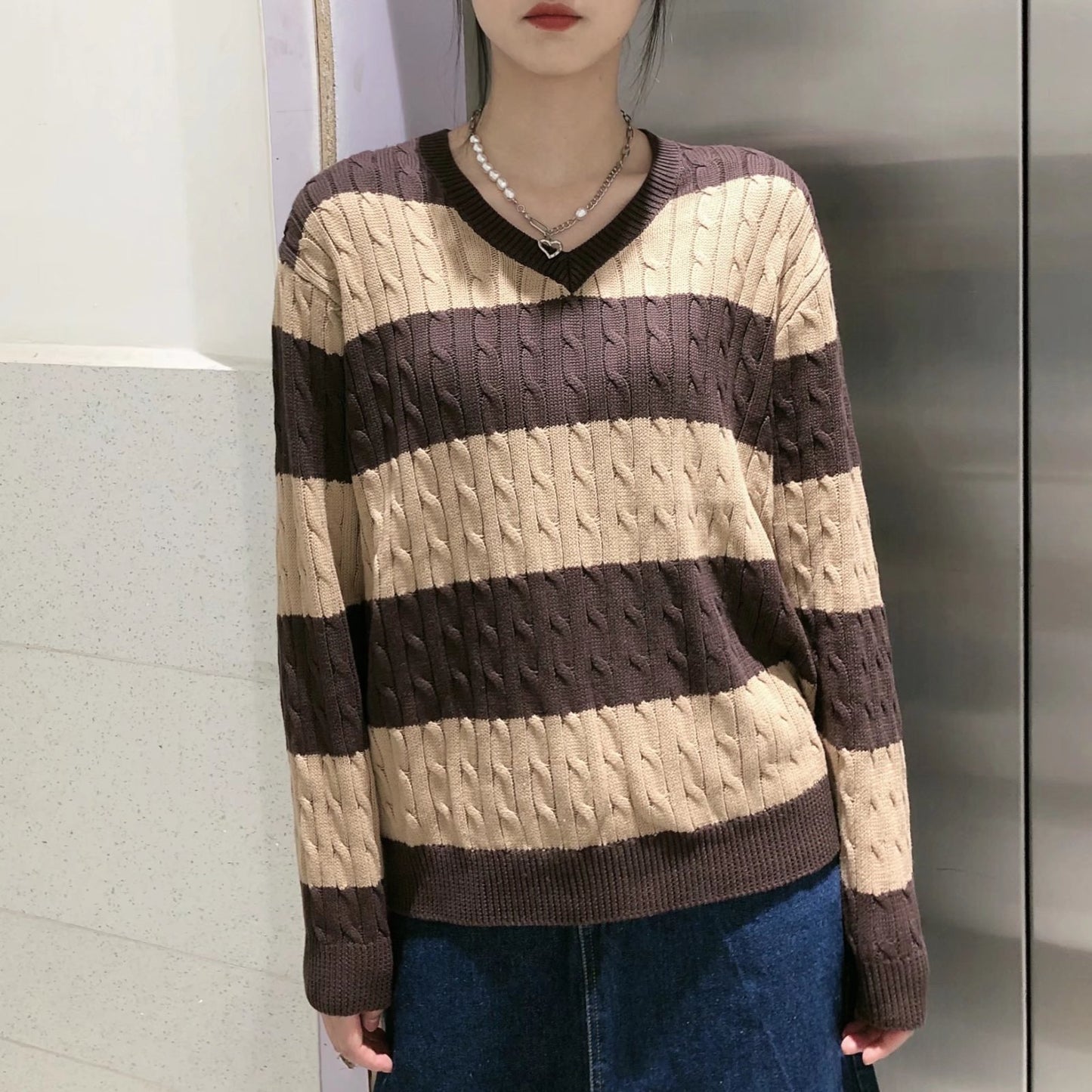 European And American Striped Cable-knit Sweater V-neck Loose Sweater For Women