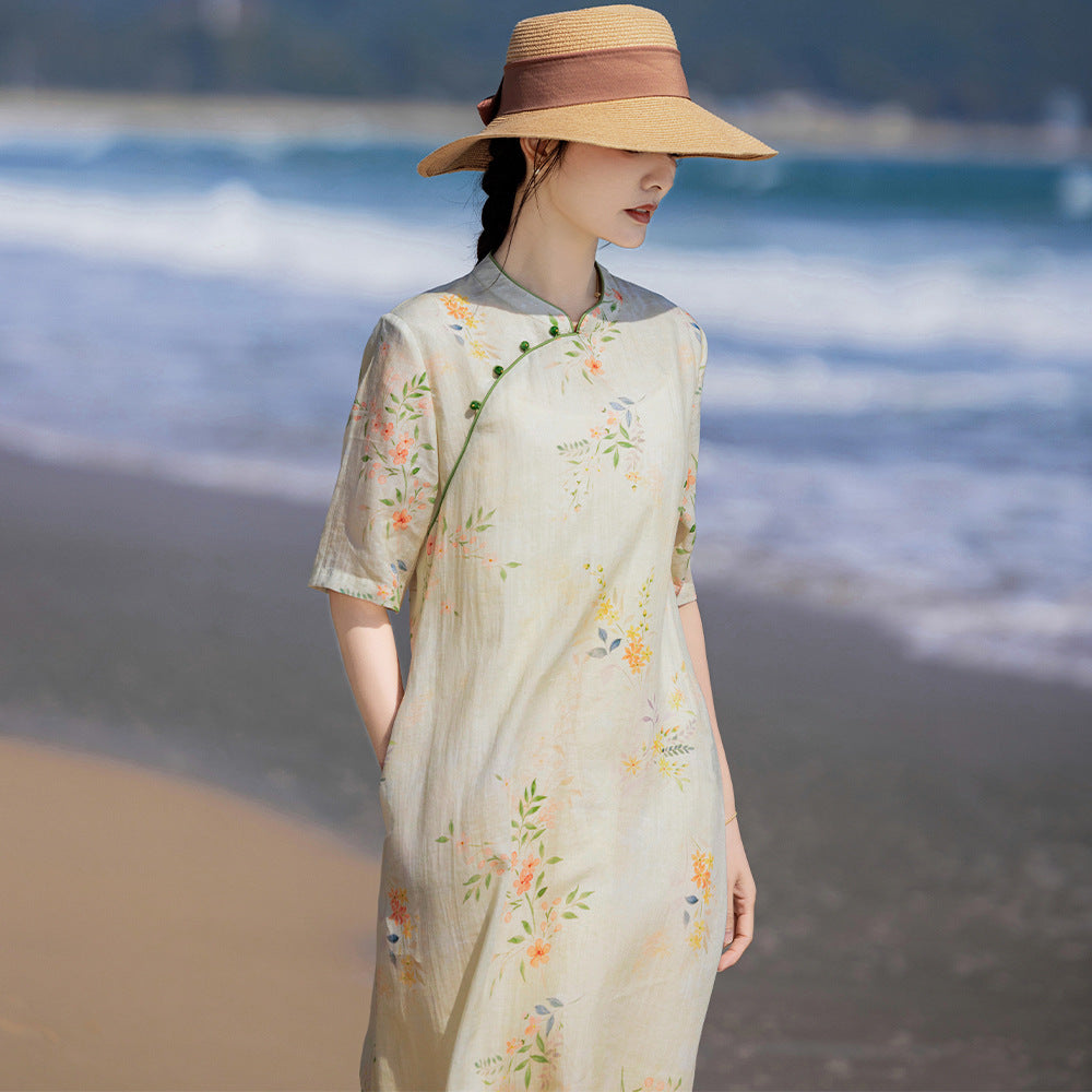 Travel Art Ramie Printed Improved Cheongsam Classical Stand-up Collar Medium-sleeve Dress