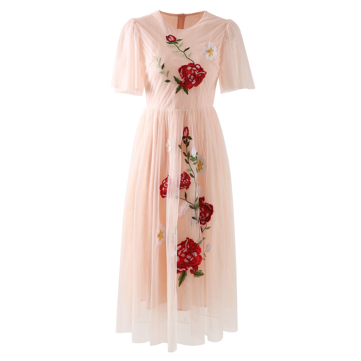 Exquisites, kurzärmliges Kleid mit Blumenstickereien und taillierter Passform