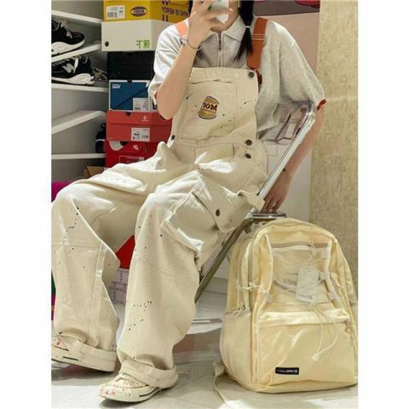 Fashion Brand Embroidery Splash-ink Khaki Denim Suspender Pants For Women