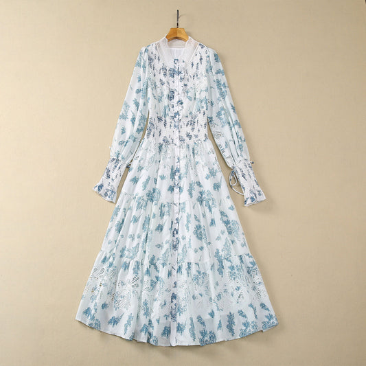 Smocking Elastic Waist Long Sleeve Chiffon Stitching Dress