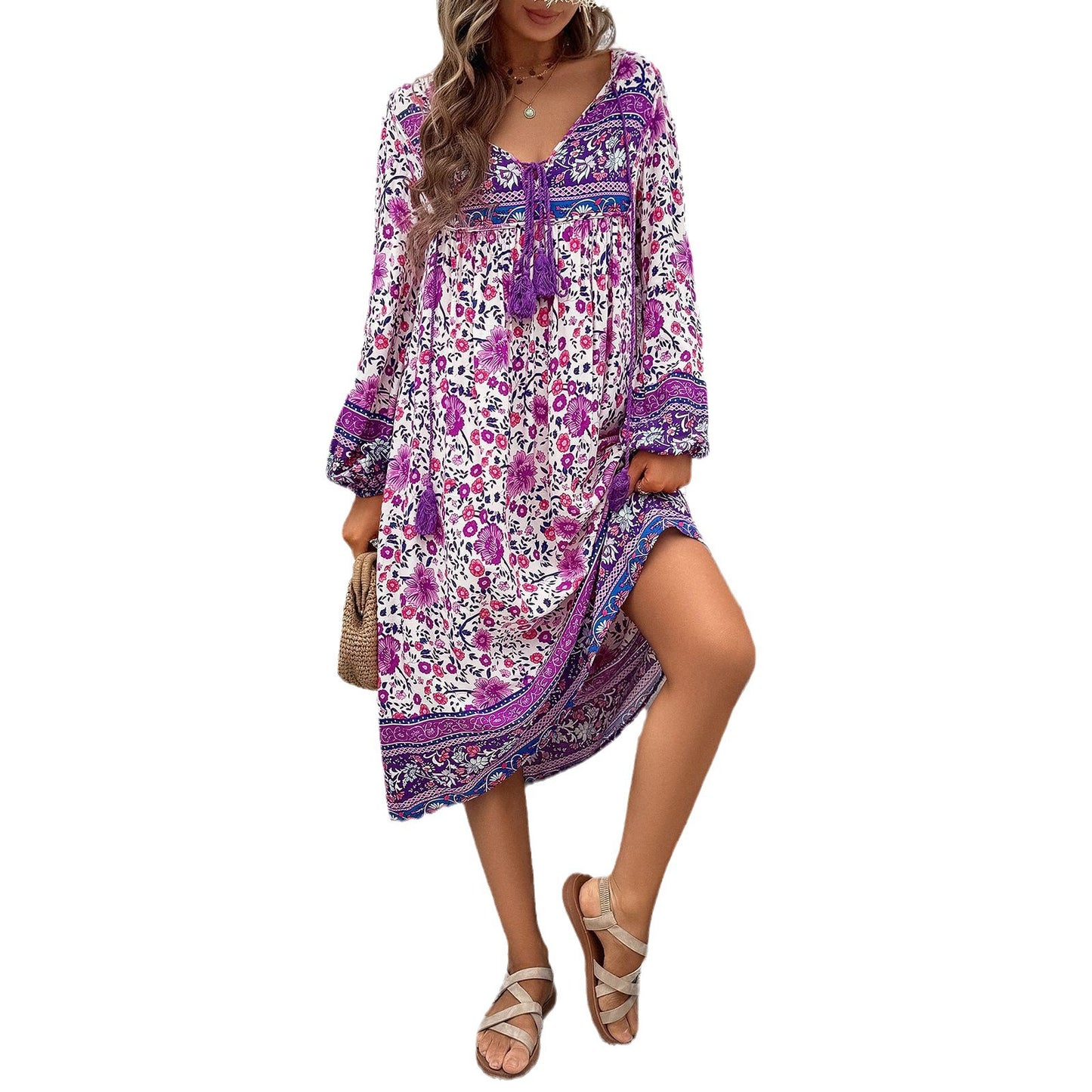 Women's Holiday Floral Print Long Sleeve Dress