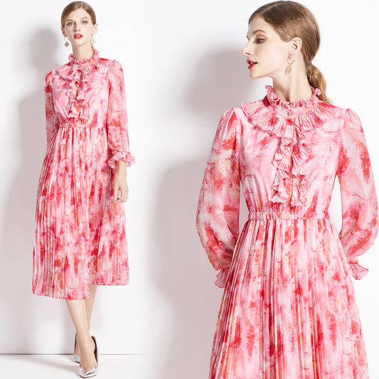 French Floral Chiffon Long Sleeve Dress Women