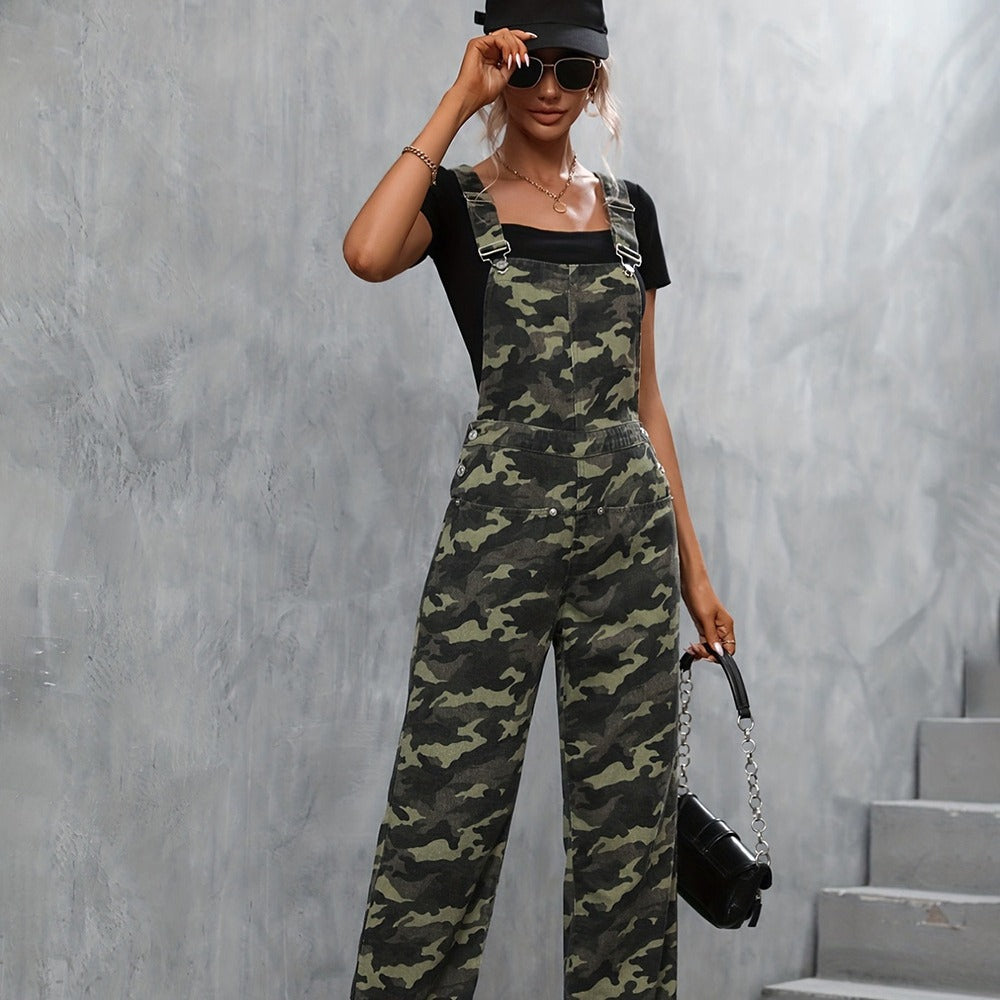 Street-Camouflage-Hosenträgerhose aus Denim mit geradem Bein und großer Tasche für Damen