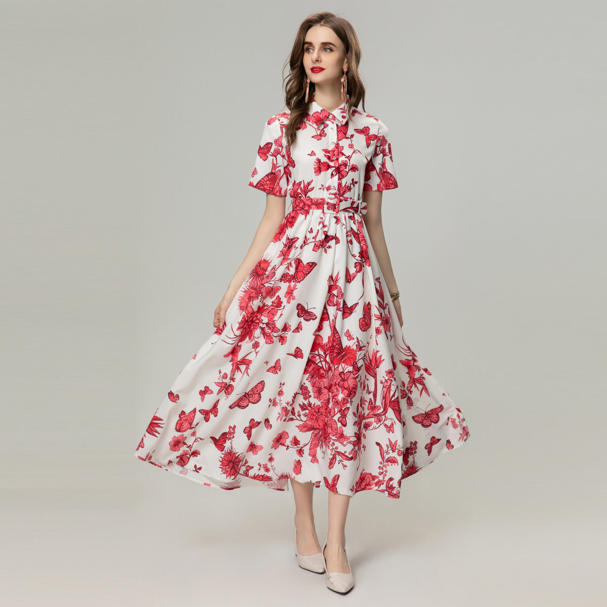 Kleid mit vierseitigem elastischem Blumen- und Schmetterlings-Print