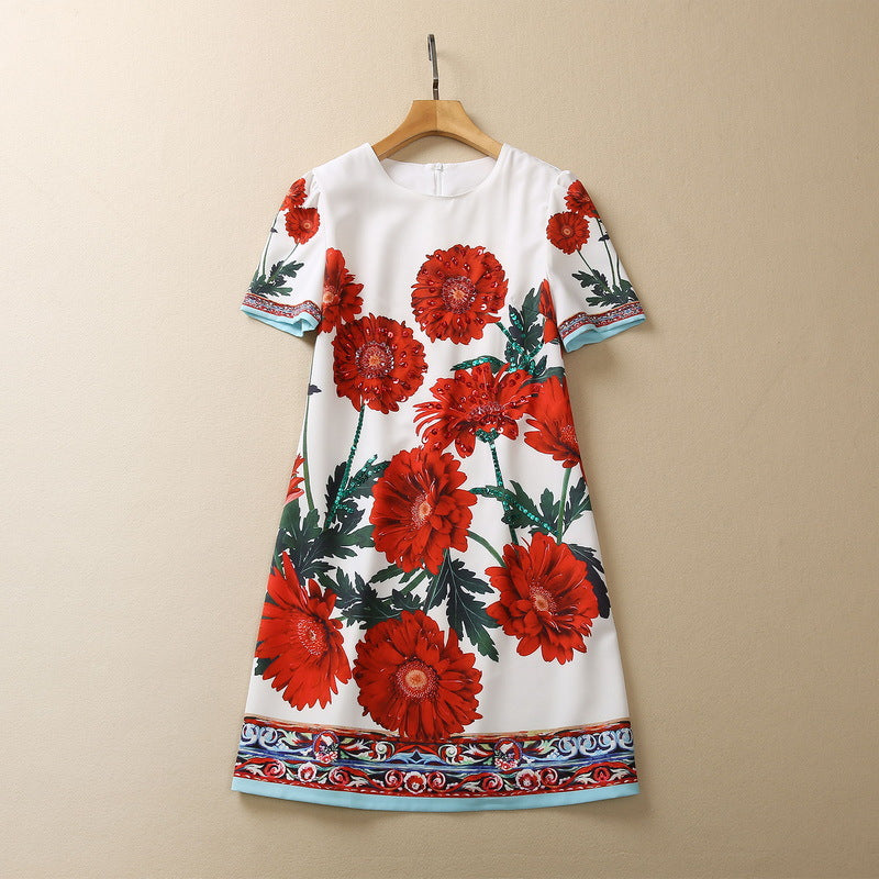 Vestido de moda holgado con flores grandes y lentejuelas hechas a mano