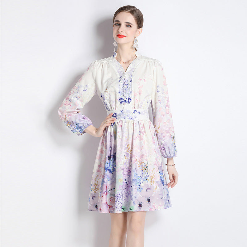 Elegant V-neck Vintage Floral Print Long Sleeves Dress Spring