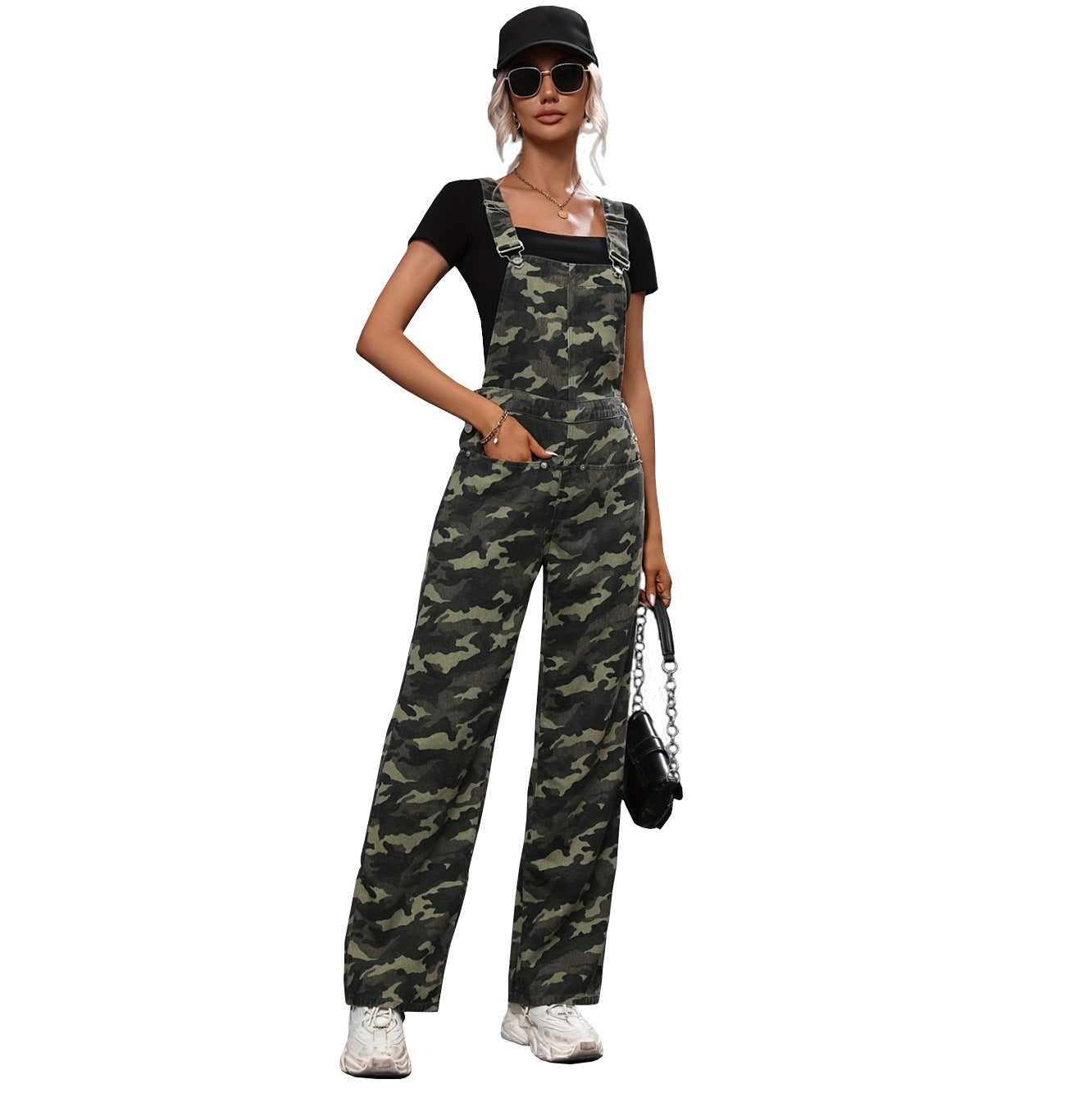 Street-Camouflage-Hosenträgerhose aus Denim mit geradem Bein und großer Tasche für Damen