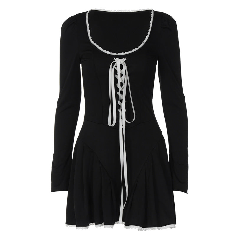 Fashion Long Sleeve U-shaped Collar Rope Waist Girdle Skinny Short Dress