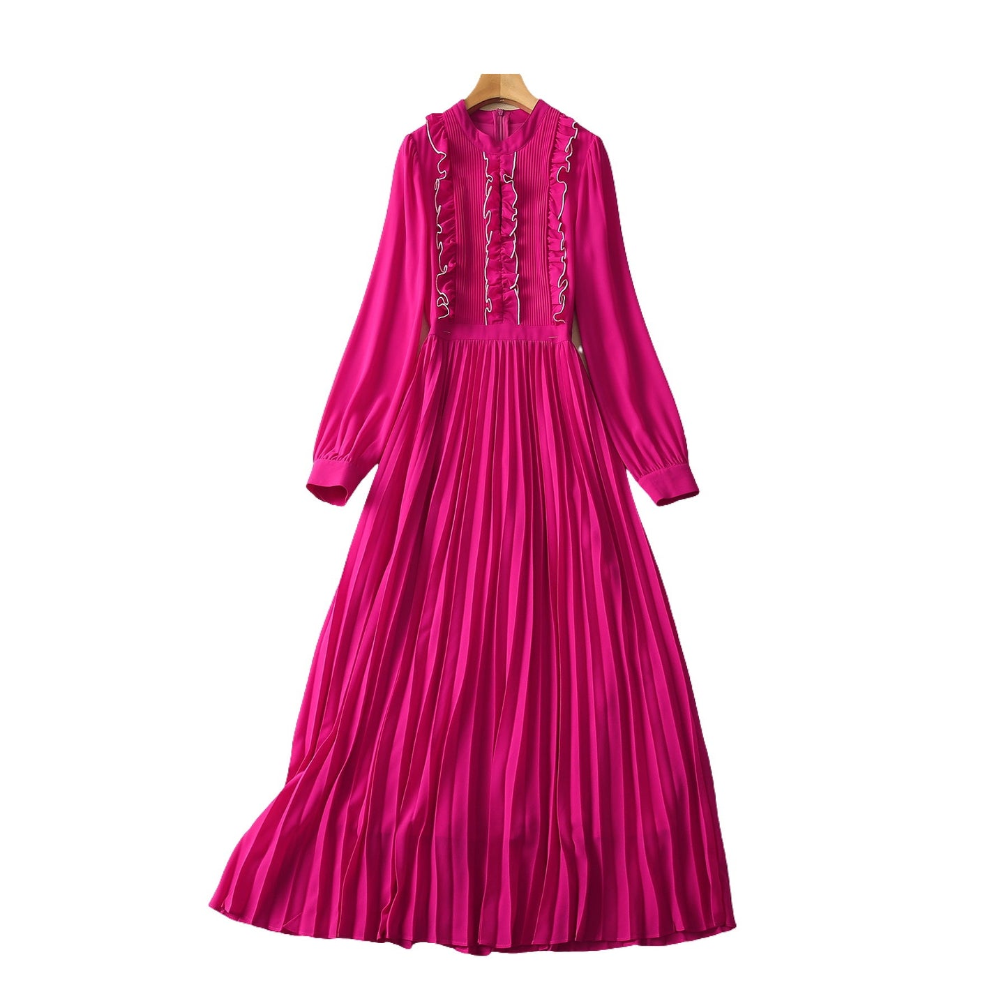 Small Stand Collar Fungus Pleated Long Sleeve Dress Women