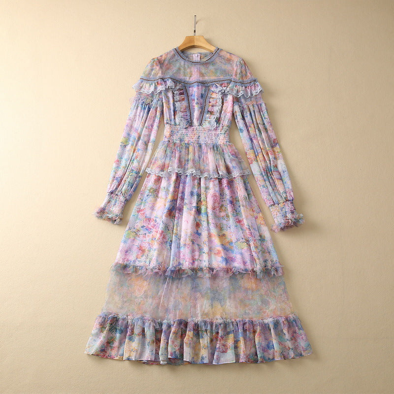 Smocking Elastic Waist Voile Printed Super Long Sleeve Dress