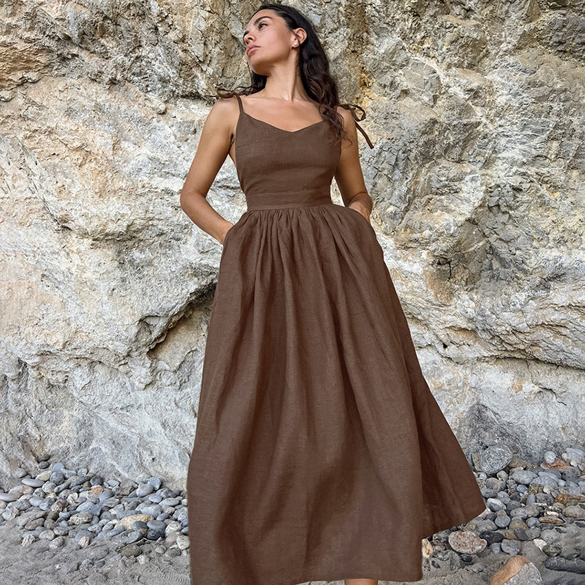 Französisches Baumwoll- und Leinen-Atmungsaktives Trägerkleid mit hoher Taille, langer Rock im Urlaubsstil für Frauen