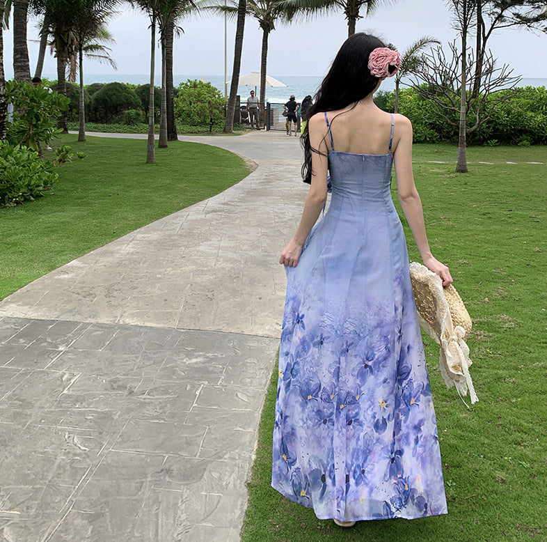 Falda con tirantes estampada de gasa de playa estilo vacaciones pintura al óleo Súper Hada