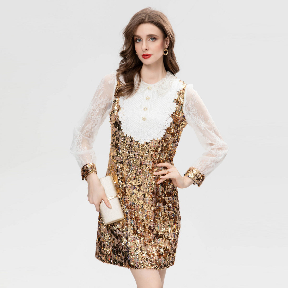 Double-layer Collar Pearl Buckle Sequin Stitching Long Sleeve Dress